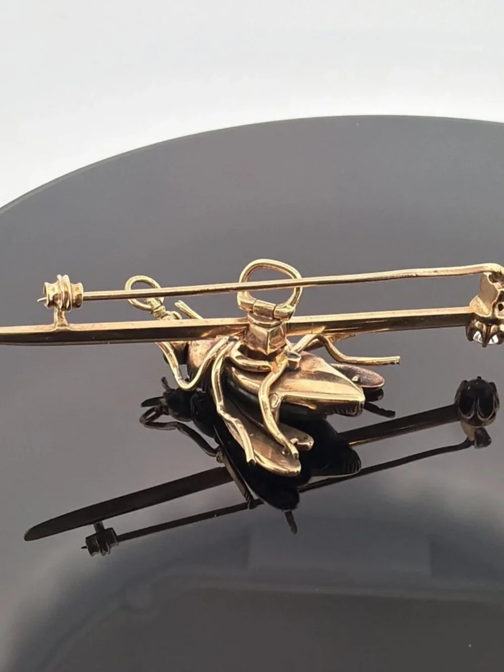 Antique Victorian Bee Brooch 14K Gold & Silver Diamond Emerald Cats Eye Quartz - Picture 8 of 13